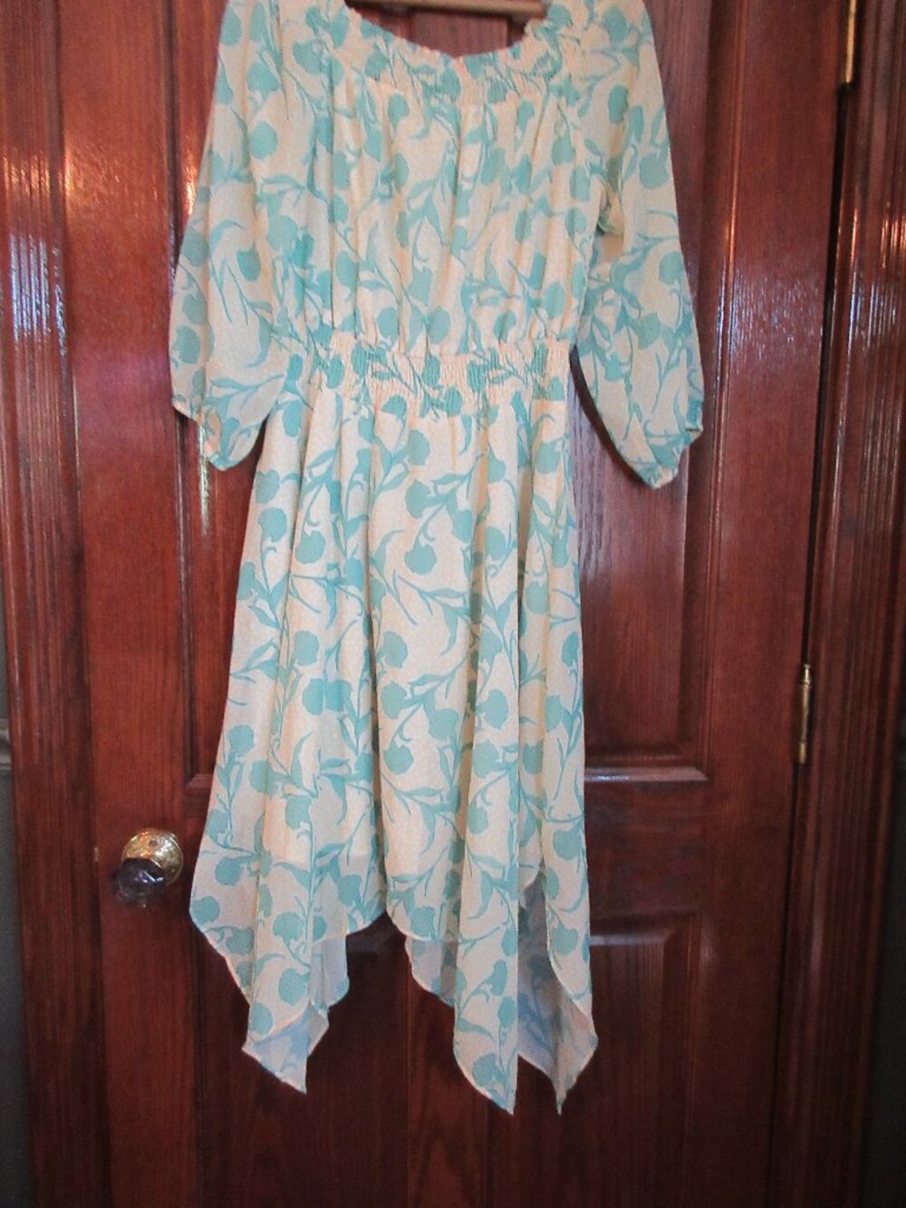 Yellow and Green Chiffon Off the Shoulder Summer Dress Hankerchief Hem Size M